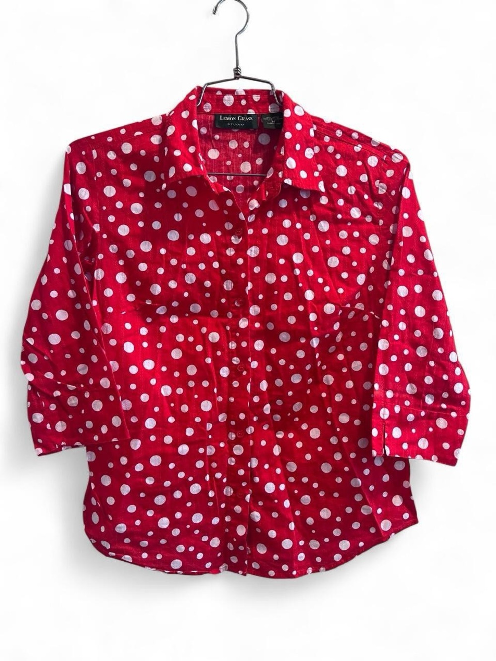 Lemon Grass Studio red & white polka dots cotton button-up shirt, size Medium